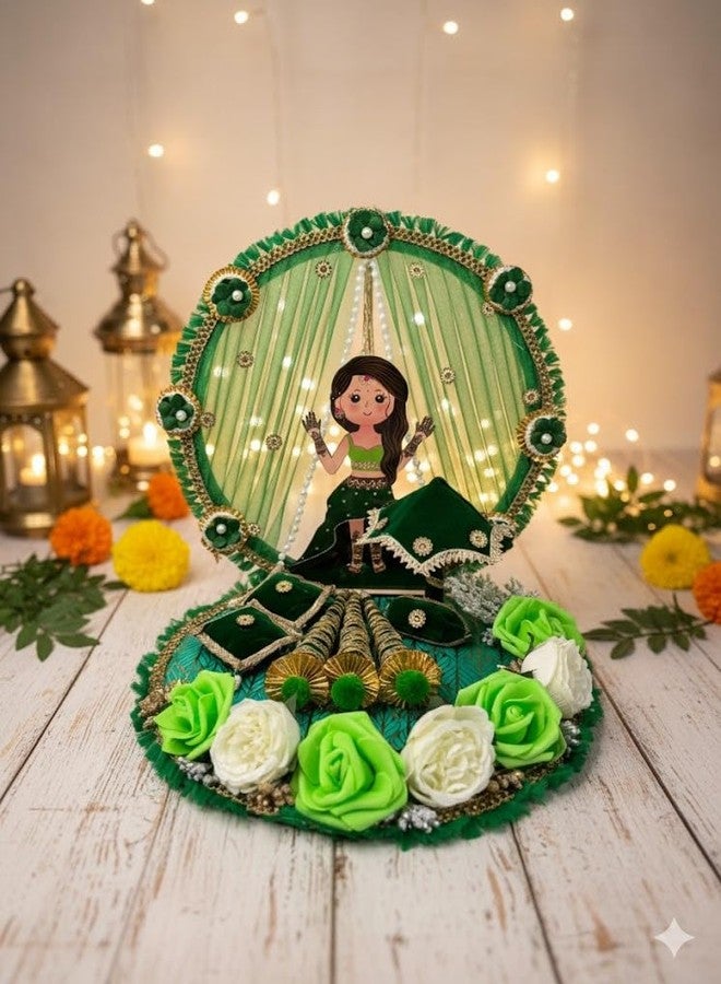 Sketchfab Mehndi Function Decorative Platter | Handmade Green & Gold Mehndi Thali with Doll Cutout, Floral Design & Decor Props | Bride-to-Be Mehndi & Haldi Ceremony Decoration Tray - Image 3